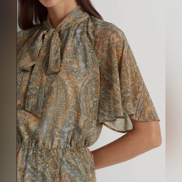 Lauren Ralph Lauren Paisley Crinkle Georgette Tie-Neck Dress Women's 4 Multi - Picture 16 of 16
